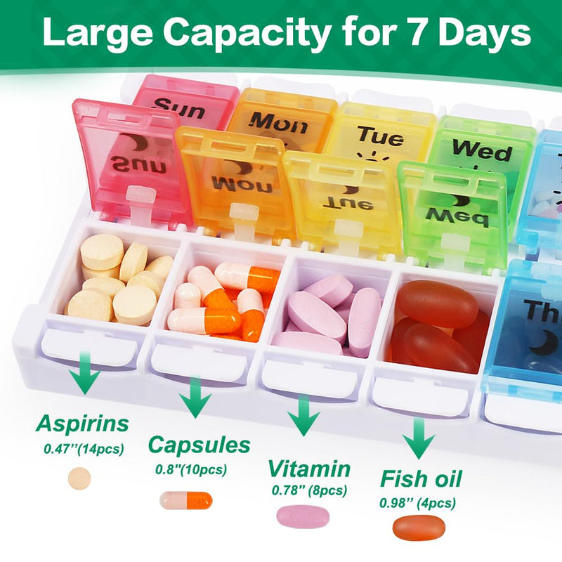 Shintop Am Pm Pill Organizer 7 Day, Push Button Weekly Pill Box 2 Times a Day Easy Fill Pill Holder Day Night Vitamin Case for Medications Fish Oil Supplements (Rainbow) Rainbow