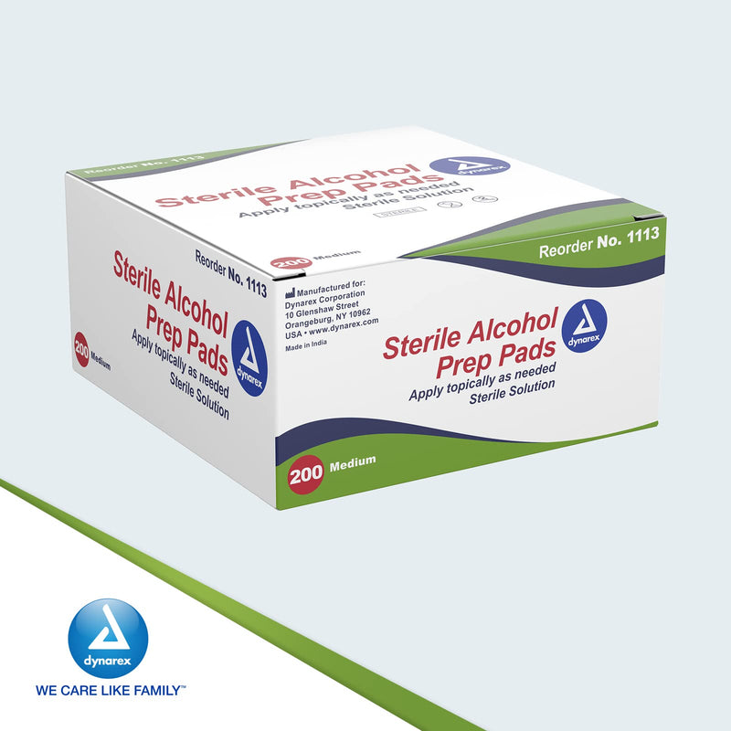 Dynarex 1113 Alcohol Prep Pad Sterile, Medium, Count 200 (Pack of 1) 200 Count (Pack of 1)