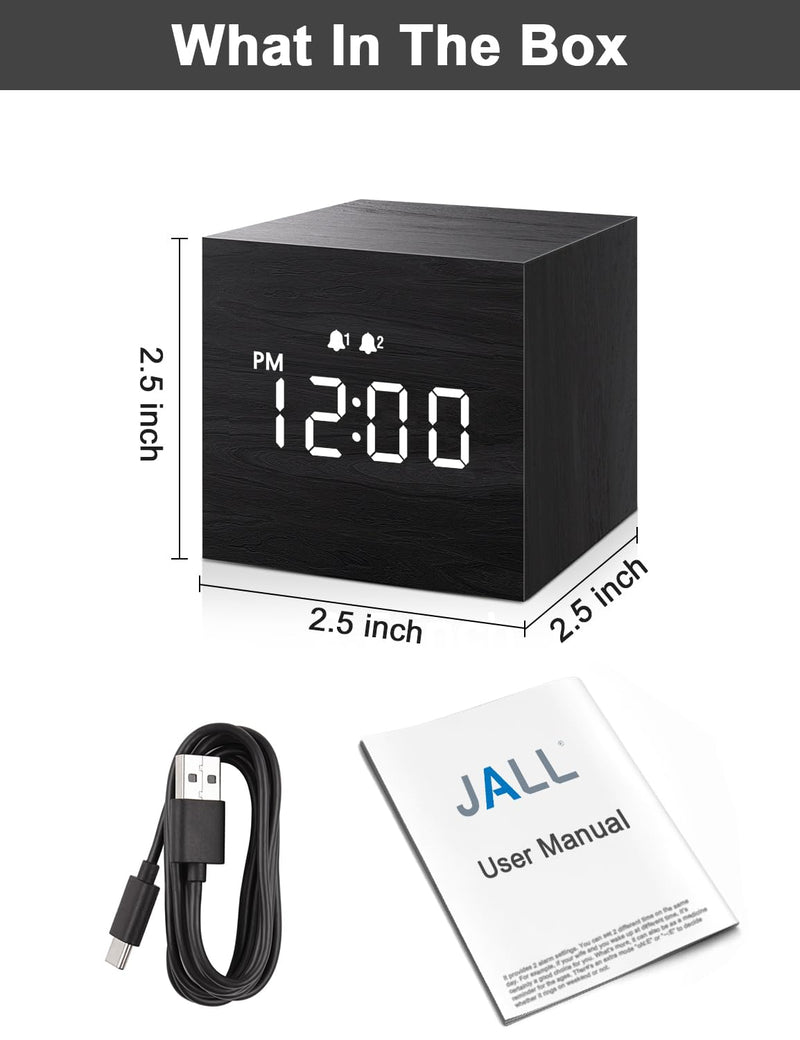 JALL Digital Alarm Clock, with Wooden Electronic LED Time Display, 3 Alarm, 2.5-inch Cubic Small Mini Wood Made Electric Clocks for Bedroom, Bedside, Desk, Black