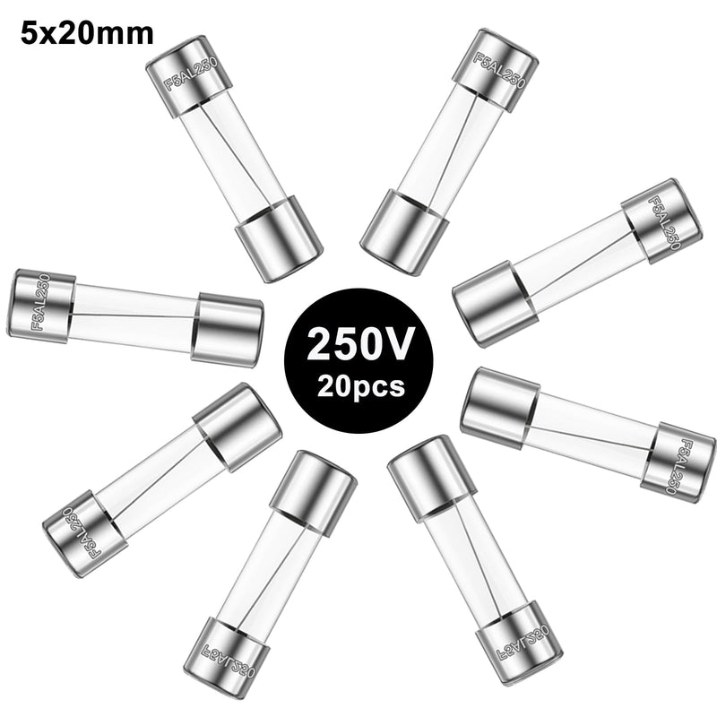 20PCS F2AL250V 5 x 20mm Fast Blow Glass Fuses 2A 2Amp 250V Glass Fuse,0.2 x 0.78 Inch