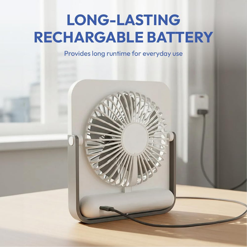 Small Desk Fan, Rechargeable Quiet Mini Personal Fan, 180° Foldable & Cordless Design, Ultra Thin & Portable, 4 Speeds, Long Battery Life, Travel Essential for Office, Home, Bedroom (Khaki) Khaki