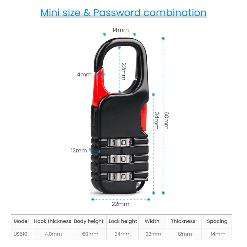 Mini Padlock, BARRYSAIL 3 Pcs Small Locks Set with 3 Digits Combination for Kids Diary Backpack Zipper (Black+Blue+Pink) Black+Blue+Pink