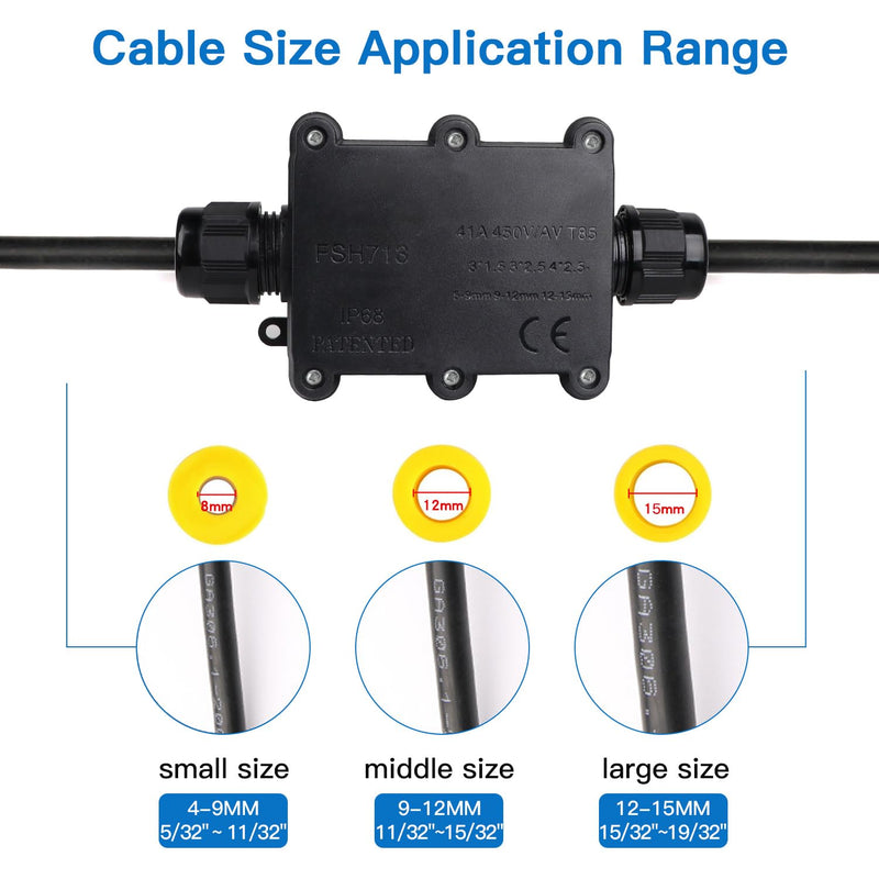 Helunsi 2 Pieces Waterproof IP68 External Junction Box, 2 Way Outdoor Junction Box, Underground Plug Line Coaxial Cable Connector Wire Range 5 to 15mm Electrical Power Cord Weatherproof Boxes - Black Black-2pcs