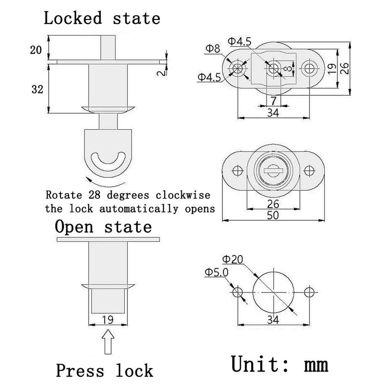 Cylindrical Length 32 mm Push Plunger Lock Sliding Cabinet Lock (2 Pack) Cylindrical Length 32 mm