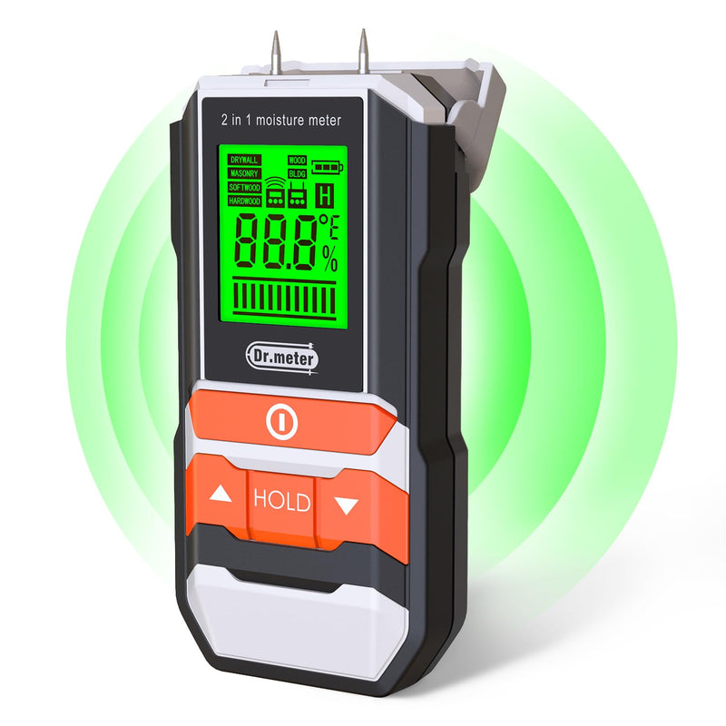 Dr.meter Wood Moisture Meter, 2 in 1 Pin & Pinless Moisture Tester, Digital Dampness Moisture Sensor Detector for Wood Firewood Drywall Paper Floor Woodworking, Water Leak Detector