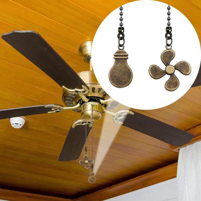 2Pack Metal Fan Light Pull Chains,3mm Diameter Beaded Decorative Ceiling Fan Pull Chain Pendant Extension,12in Fan and Bulb Shape Ornaments Cord Extender for Ceiling Fan Lamp,Bronze Bronze
