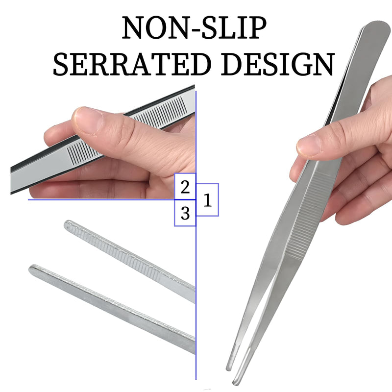 3Pcs Stainless Steel Tweezer Set (8" 10" 12"), Long Tweezers with Precision Serrated Straight Tips, Non-slip Multitool Tweezer for Cooking, Repairing, Medical, Garden 8" 10" 12" (1 Set)