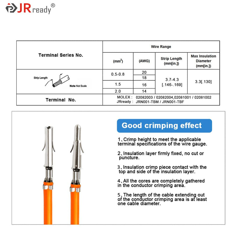 JRready ST6423 MLX 2.13mm Diameter Crimp Terminals, Pin and Sockets 14-20AWG, Compatible with Molex MLX Male & Female Crimp Terminals (50 Pair)
