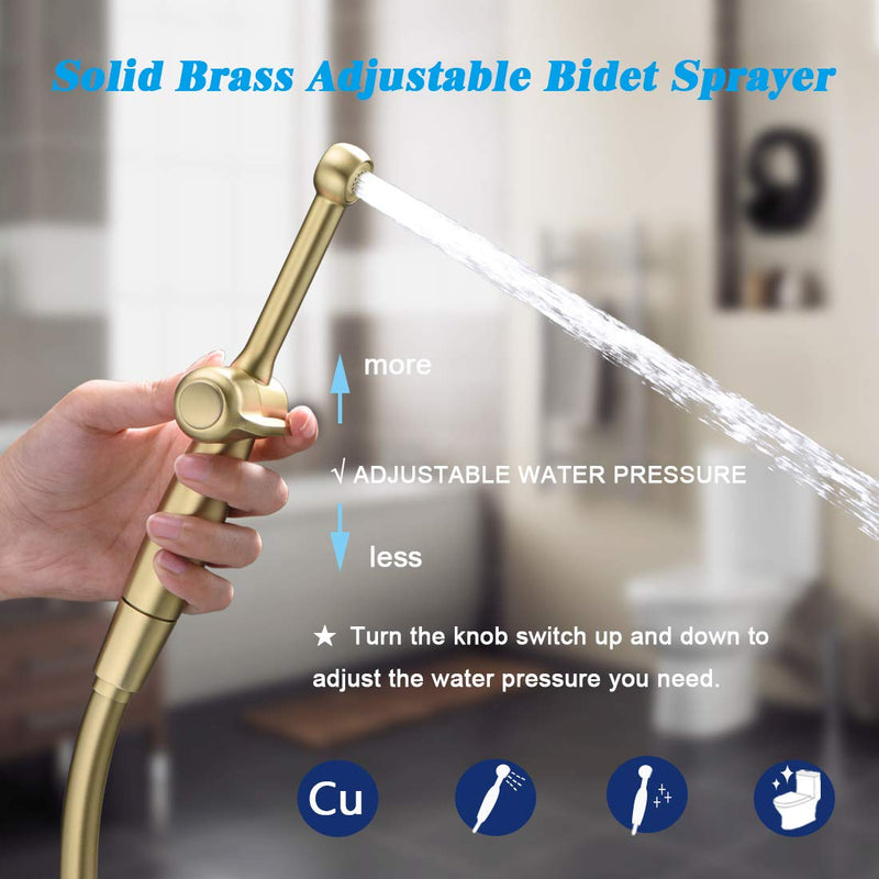 Handheld Bidet Toilet Sprayer, Brass Hand Held Bidet Attachment Cloth Diaper Toilet Sprayer with Backflow Preventer, Adjustable Water Jet Spray for Toilet with 7.9" Long Bidet Wand, Brushed Gold