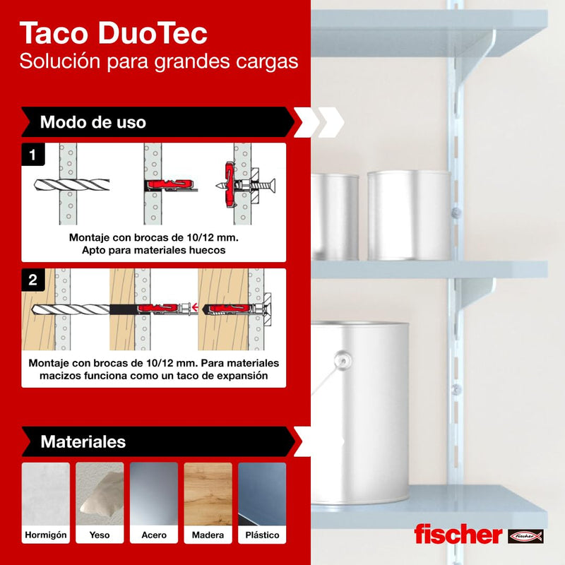 fischer DuoTec12 S PH 1/2" 10pcs Toggle-Plug Panhead Screw (Not Included), 2-Component Fastenings in Drywall, Wood, Steel & Plastic Panels DuoTec 12
