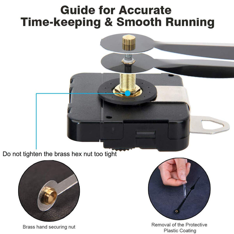 HILLHOME High Torque I Shaft Hands Quartz DIY Wall Clock Movement Mechanism with 9.1 Inch Long Spade Hand Battery Operated Repair Parts Replacement, 5/8 in Max Dial Thick, 1-1/10 in Total Length Shaft Length 1-1/ 10 Inch/ 28mm