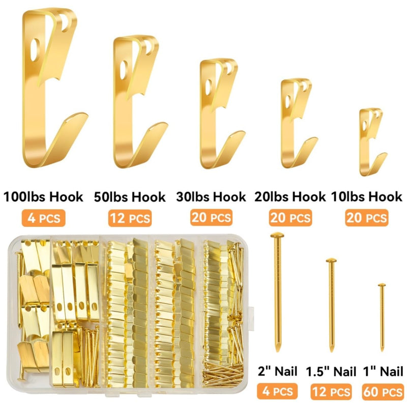 152Pcs Picture Hanging Kit, Picture Hangers 10lb, 20lb, 30lb, 50lb, 100lb Hooks with Nails, Heavy Duty Photo Frame for Pictures, Painting ,Mirror, Wall Art Mounting on Drywall, Wooden Wall 152PCS