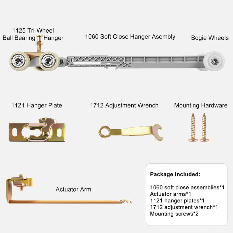 Pocket Door Soft Close Top Hanger Assemblies Fit for Johnson P/N #1060 & #1062, Sliding Door Roller Works with 100, 134F, 138F, 2610F Series Track, 1" Nylon Ball Bearing Tri-Wheel, Bi-Direction (1PC) 1PC