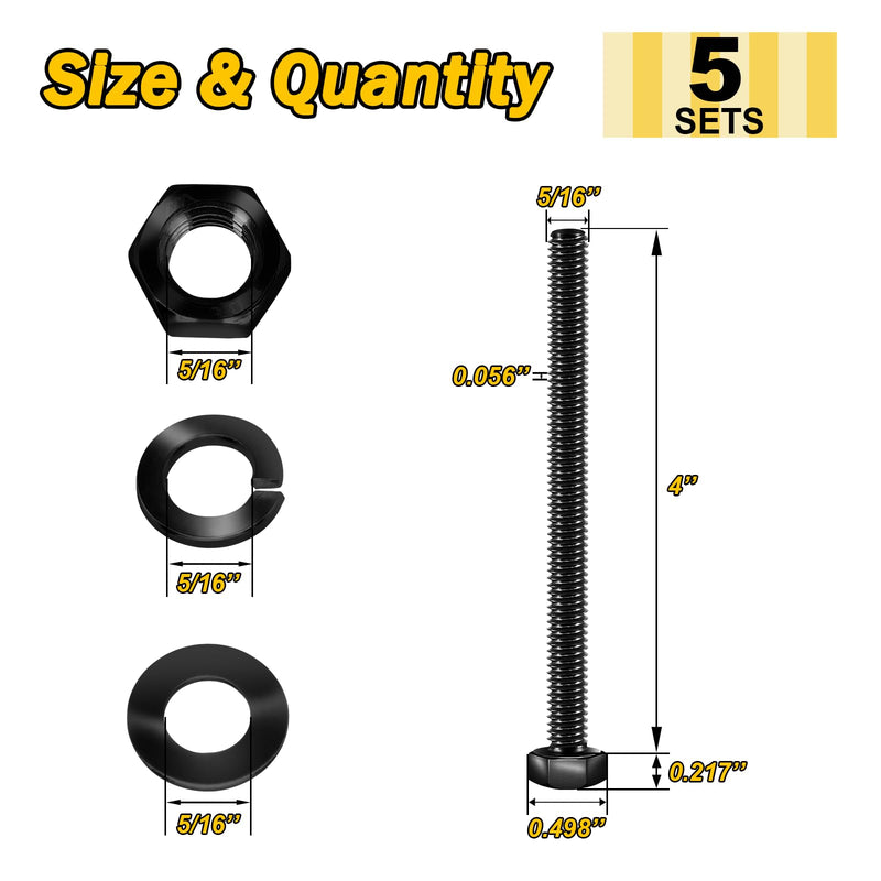 (5 Sets) 5/16-18 x 4" Hex Head Bolts and Nuts with Flat & Lock Washers, 304 Stainless Steel 18-8, Fully Threaded, Black Oxide Bolt Kit, 5/16 Bolt (Black)5/16"-18 4"
