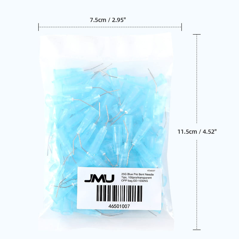 JMU 100Pcs Bent Dispensing Tips 25g, Blunt Tip Dispensing Needle, Dental Pre Bent Flow Dispensing Etch Tips, Disposable Oral Irrigation Needle Tips, Light Blue 100