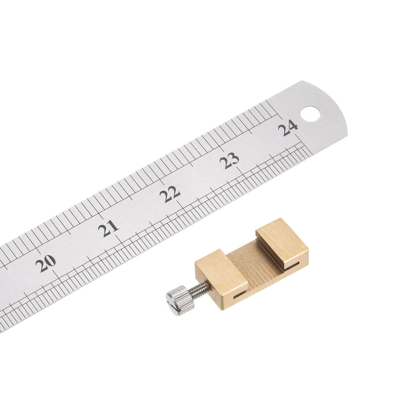 HARFINGTON 2 in 1 Stainless Steel Ruler with Scriber Block 60cm/24 Metric and Inch Metal Ruler with 30mm Length Brass Locating Vernier Slider for Woodworking DIY Measuring, Gold Tone 60cmx29mmx0.9mm