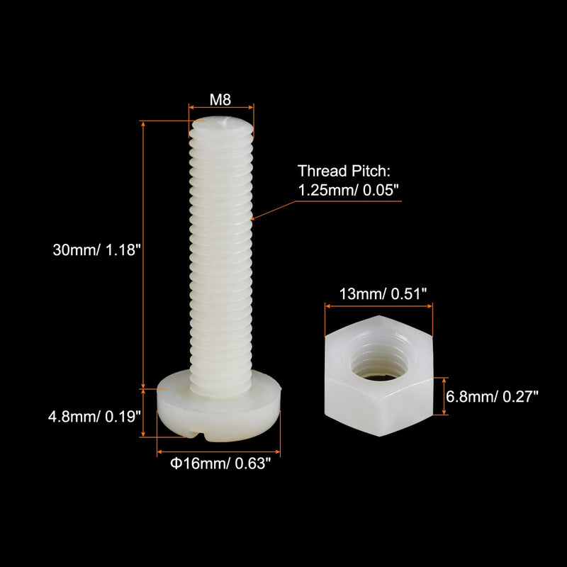 uxcell 20 Pairs Nylon Screw Nut Assortment, M8x30mm Slotted Pan Head Screws & M8 Hex Nuts for Machinery, Electronics, White