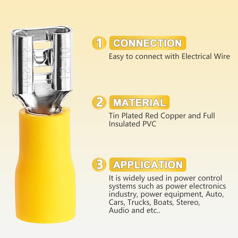200 Pcs Yellow Female Quick disconnects Vinyl Insulated Spade Wire Connectors, Electrical Crimp Terminal 12-10 AWG (6.3mm) Yellow(12-10 AWG)