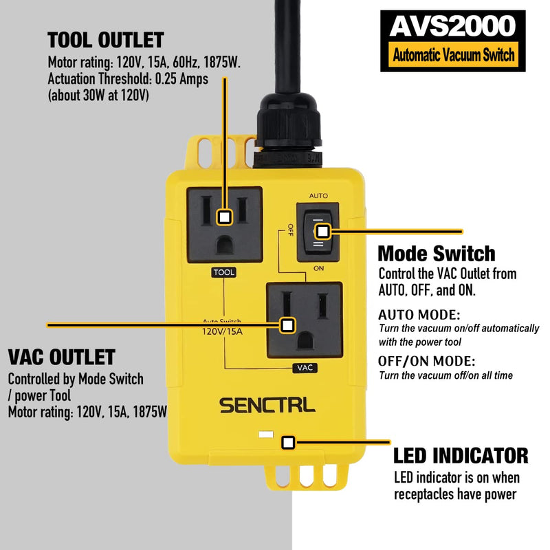 Automatic Vacuum Switch Allow Power Tool/Table Saw to Turn Vac Cleaner/Accessory On and Off Automatically, Load Sensing, On Delay Prevent Circuit Overload, Shop Dust Collector Off Delay