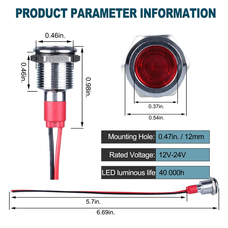 5Pcs 12V-24V Energy Saving LED Indicator Light Mounting Hole 12mm (0.47") 20mA Waterproof Wide Flat Head Signal Lamp Pilot Dash Directional with Wire (Mixed Color: White Red Yellow Blue Green) Mix