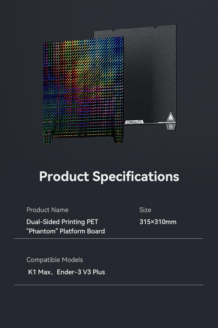 Creality K1 Max Double-sided Printing “Phantom” Platform 315*310mm (Glossy PET + Coated PEI), Without soft magnetic sticker, 3D Printer Platform for Ender-3 V3 Plus/CR-10 Smart/Pro/Ender-3 Max/Max Neo