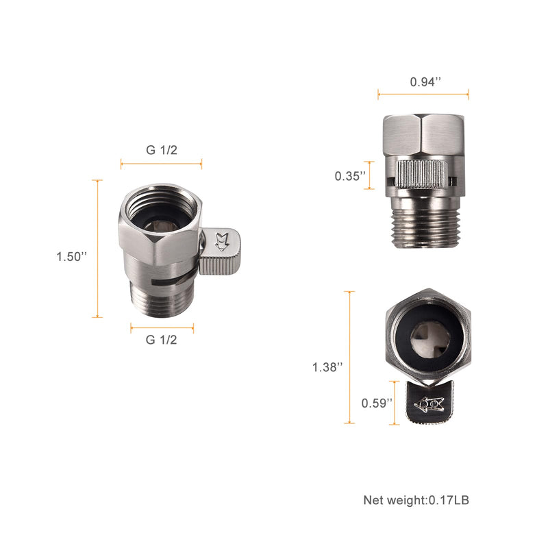 Brushed Nickel Water Flow Control Valve, 1/2" Shower Head Flow Control, Brass Shut Off Valve for Handheld Shower, Water Pressure Regulator Replacement Brushed Nickel