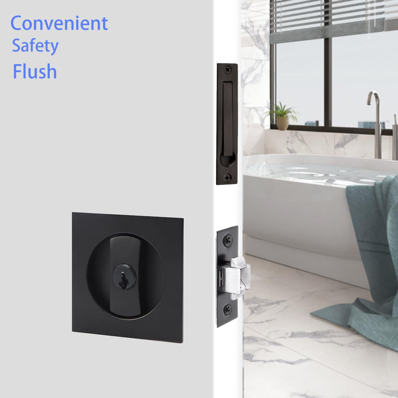 Dontay Keyed Pocket Door Lock with Pull Handle,Flush Mount Recessed Knob,2-3/8 inch Backset,Square Bed Bath Hardware Fit Sliding Barn Interior Door Thickness 1-3/8 to 2-3/16 inch(Matte Black,1) Matte Black