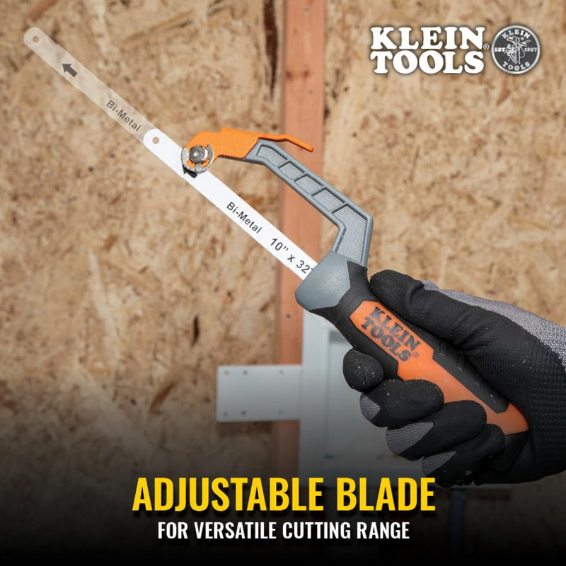 Klein Tools 31432FC Mini Finish-Cut Hacksaw, 10-Inch 32 TPI Bi-Metal Blade Hand Saw, Cuts Plastic, Wood, and Thin-Wall Metal in Tight Spaces