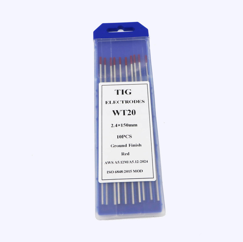 2% Thoriated TIG Welding Tungsten Electrodes WT20 Red - 2.4mm (3/32") 10 Pack - High Current DCEN for Steel/Alloy Welding 2.4