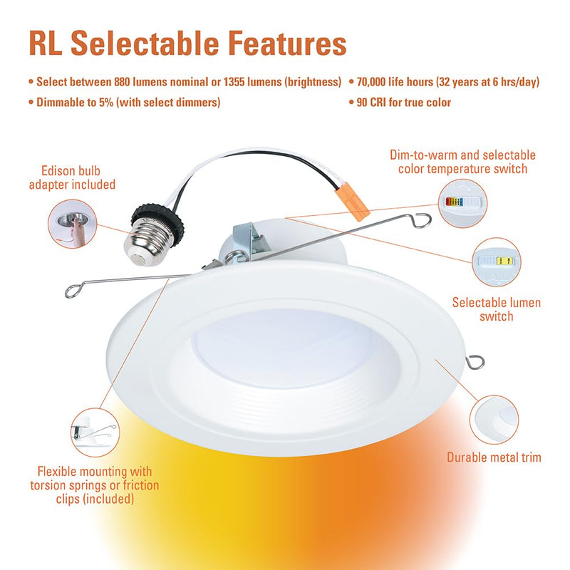 HALO RL Series 5/6 inch Recessed LED Light – Retrofit Ceiling & Shower Downlight, Selectable CCT and Selectable Lumens, Dim to Warm, Matte White Retrofit Baffle Trim, 900/1200 Lumens 900/1200 Selectable Lumens