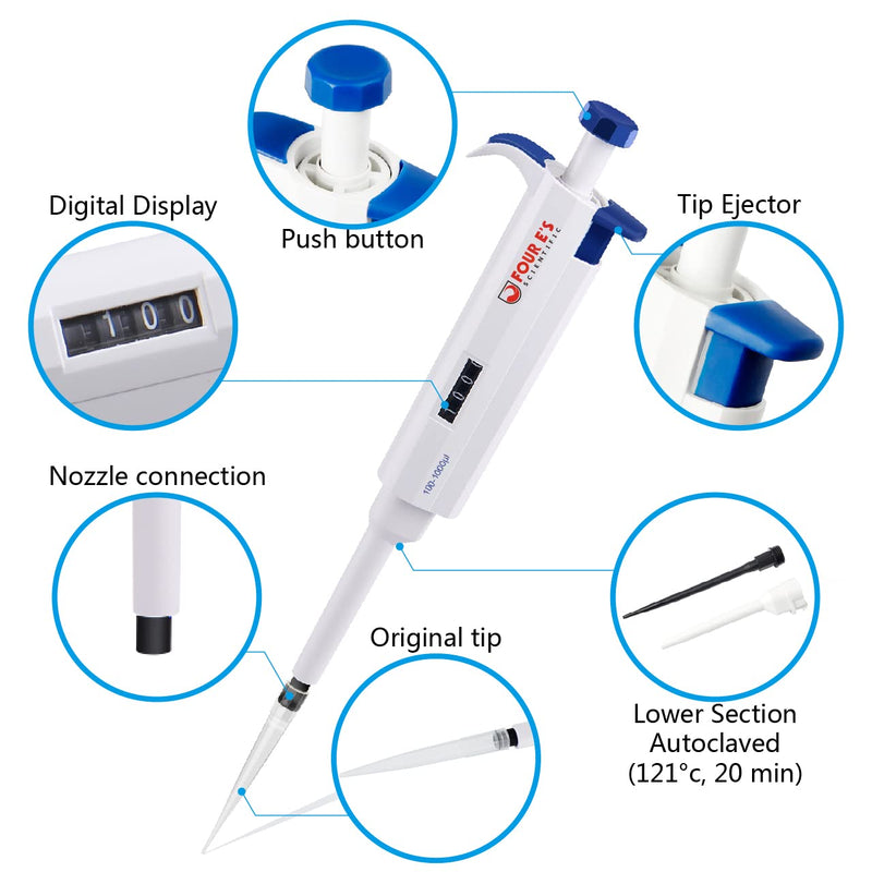 FOUR E'S SCIENTIFIC 100uL-1000uL Pipettes with 1mL Pipette Tips 96pcs