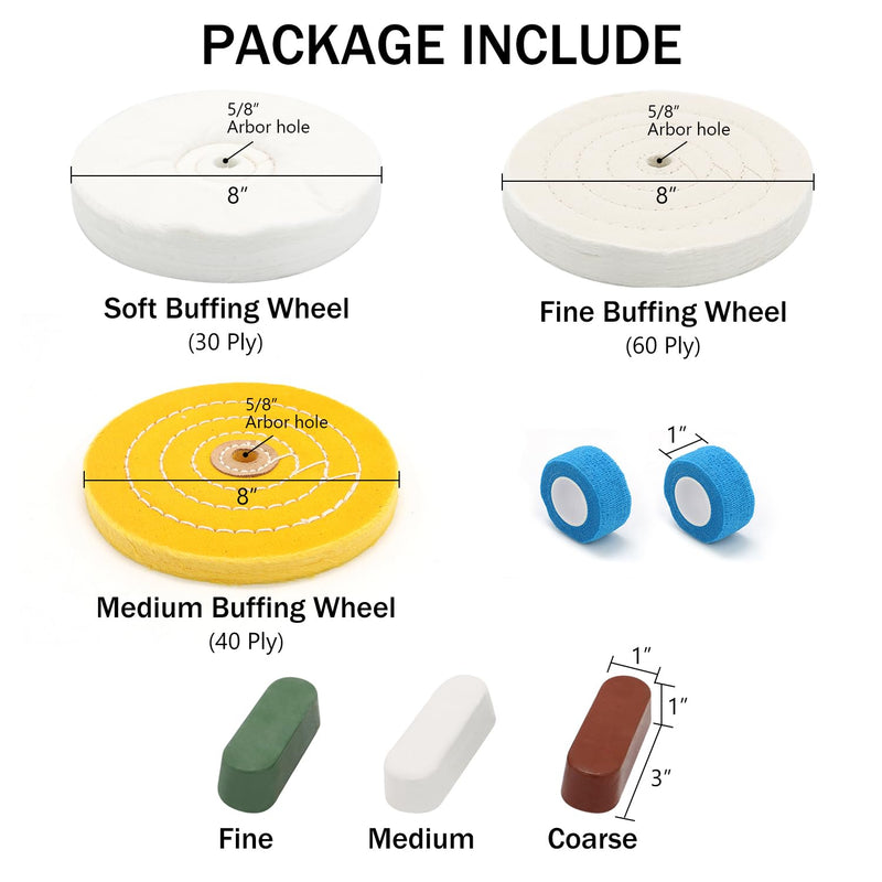 SCOTTCHEN 8inch Buffing Polishing Wheels 5/8" Arbor Hole,Soft/Fine/Medium for Bench Grinder-3PCS,with Buffing Polishing Cutting Compounds 7.4 Oz.Kit,with 2 Pack Non-Woven Bandage Wrap 8 inch Multi 8pcs