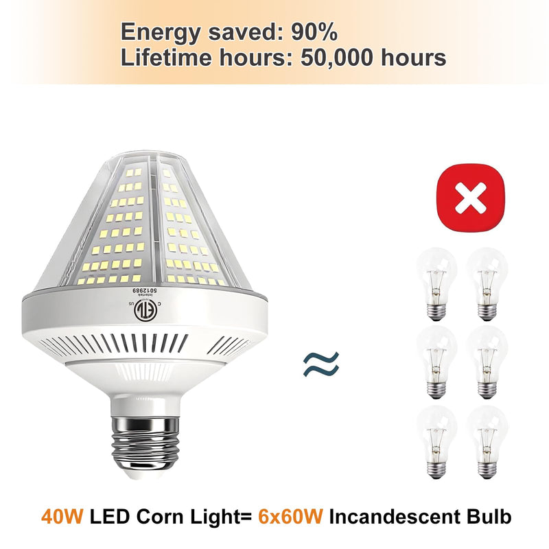 6000 Lumen LED Corn Cob Light Bulb, 40 watt, 400 watt Equivalent, 5000K Daylight Light, E26 E27 Base, Garage Light Bulb, 100-277v Energy Saving LED Lights for Indoor Outdoor 2 Pack