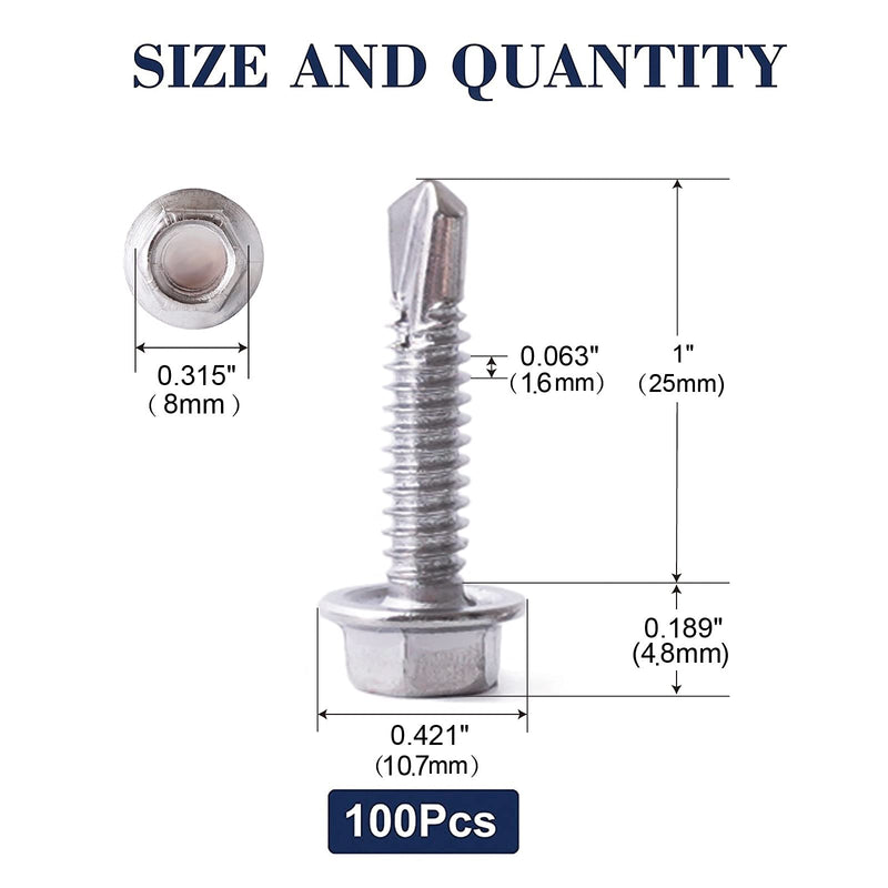 #10 x 1" Sheet Metal Screws 100PCS 410 Stainless Steel Hex Washer Head Fast Self Tapping Screws by SG TZH #10 x 1"