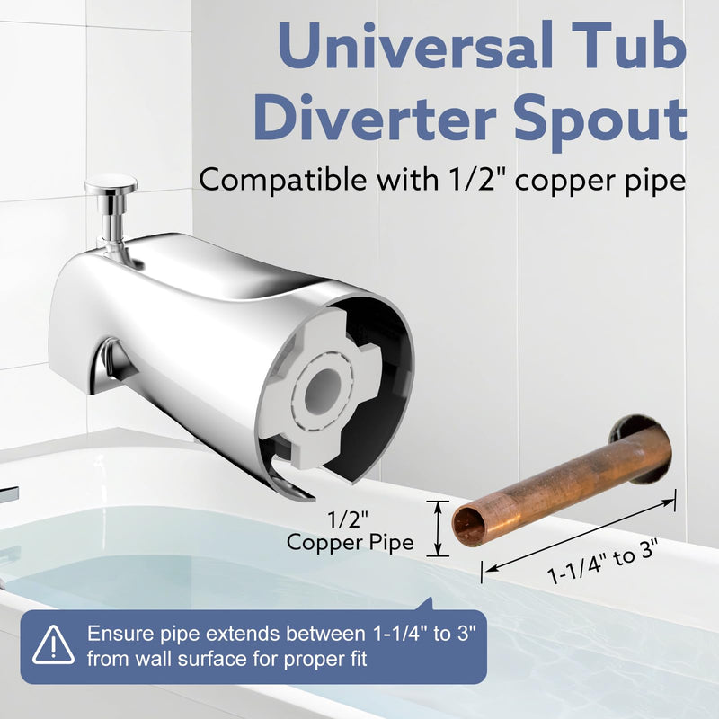 Tub Spout with Diverter – Slip-Fit Bathtub Faucet Spout Replacement, 1/2” Copper Pipe Connection, Easy to Install, Universal for Bathroom Shower (Chrome) Chrome
