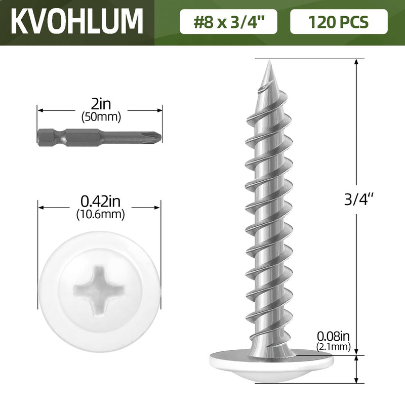 #8 x 3/4" (120 PCS) Modified Truss Head Wood Screws, Phillips Drive Quick Metal Self Tapping Screws, Cabinet Screws, Carbon Steel, White Head, Full Thread, Screwdriver Bit Included #8 x 3/4"