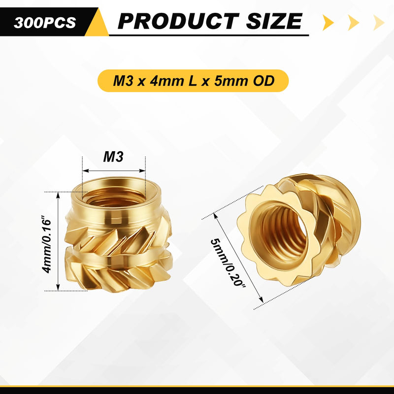 300 Pcs M3 Heat Set Inserts M3 x 4mm x 5mm M3 Threaded Insert 3D Printer Brass Inserts Knurled Metric Threaded Inserts Nuts for Plastic, 3D Printing Components 300