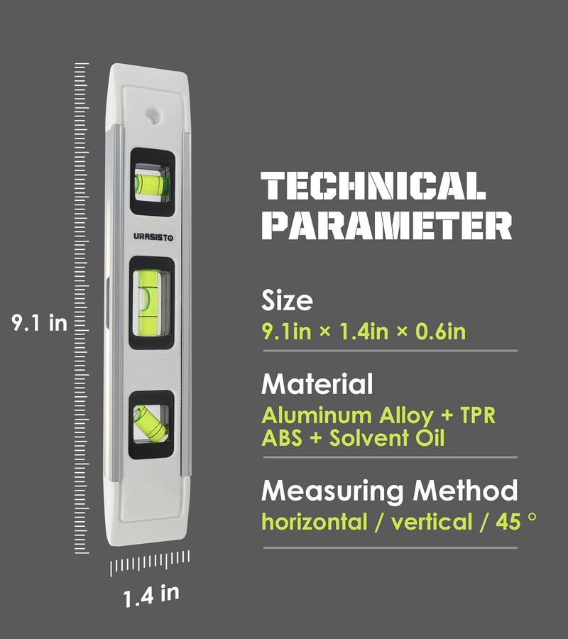 9 Inch Magnetic Box Level Torpedo Level with 45°/90°/180° Bubbles, Small Measuring Tool 1 pack