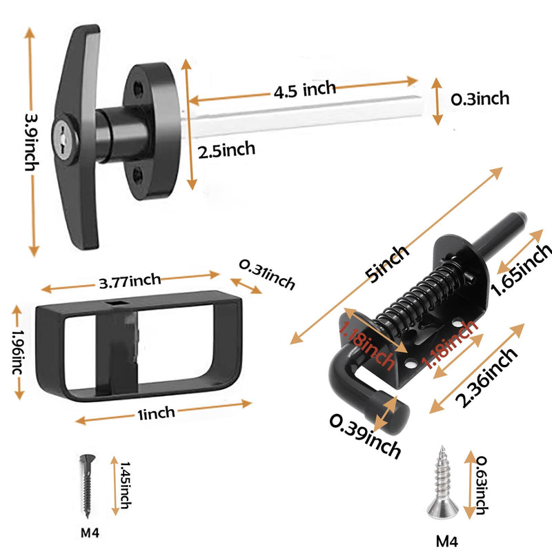 Shed Door Latch T-Handle Lock Kit 4-1/2” Stem, 2 Keys and 5 Inch Spring Loaded Barrel Bolt Latch Pin,Use for Sheds Barn Doors Chicken Coops Playhouses.