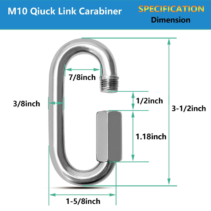 Quick Links,Chain Links Connector, 620lbs Capacity Heavy Duty Carabiner Clips, Galvanized Thread Quick Link Hardware for Safety Chain Swing Gym Hammock, Screw Lock Oval Locking Carabiner M10-15PCS