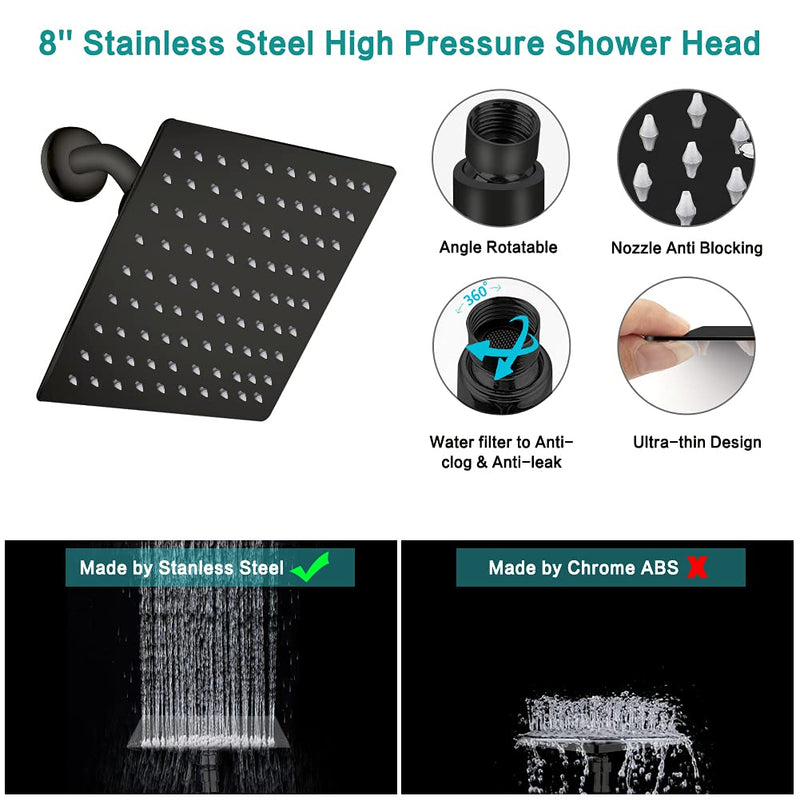 Shower Head, 8‘’ High Pressure Rainfall/Handheld Shower Combo with 11'' Extension Arm, 9 Settings, Anti-leak Shower Head with Holder, Height/Angle Adjustable, Chrome, Matte Black 8 inch - Matte Black