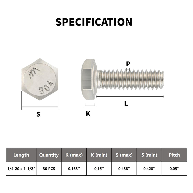30Pcs 1/4-20 x 1-1/2" Hex Head Screws Bolts,304 Stainless Steel 18-8,Fully Threaded,External Hex Drive,Mounting Chair,Rail,Pump,Wheels,Handles,Antenna Parts,Boat and Plastic Bumpers(VG10206) 1-1/2" 1/4-20"