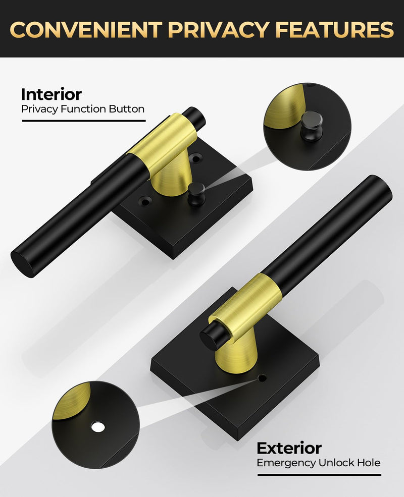 Black and Gold Door Handles Interior with Lock, Zinc Alloy Modern Privacy Lever Door Knobs Interior for Bedroom & Bathroom, Reversible for Left or Right-Handed, 1 Pack