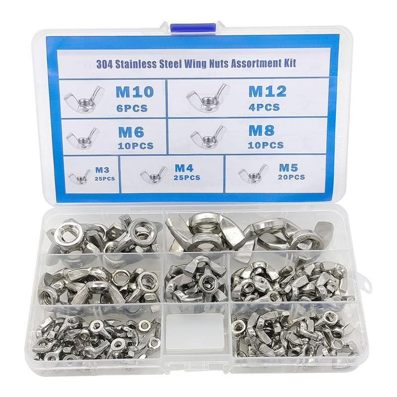 Hooshing 100PCS Wing Nuts Assorted Kit M3 M4 M5 M6 M8 M10 M12 304 Stainless Steel Wing Nuts Fasteners Parts Butterfly Nut