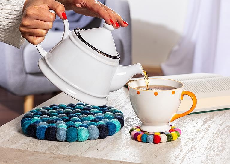 Abbott Collection Felt Ball Trivet - Blue | Heat-Resistant Wool, Handmade in Nepal by Female Artisans, Fair Trade Certified, Wool, 8"D Blu Felt Ball Trivet-8"D