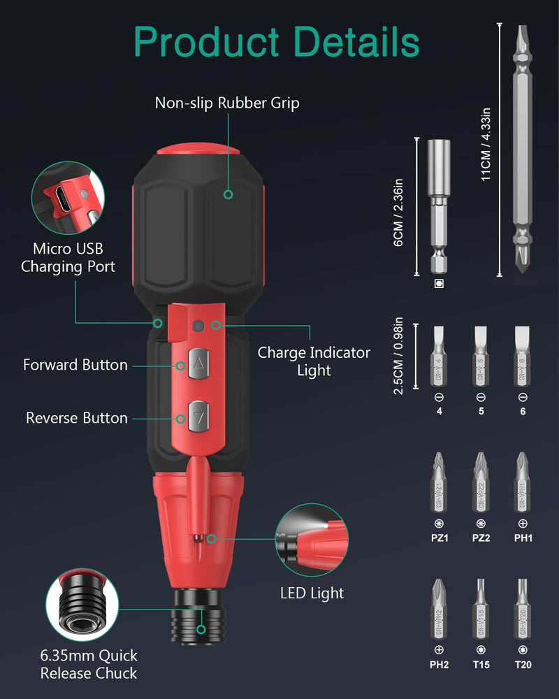 ORIA Electric Magnetic Screwdriver Set, Cordless, Rechargeable, 280RPM 12-IN-1 Black & Red