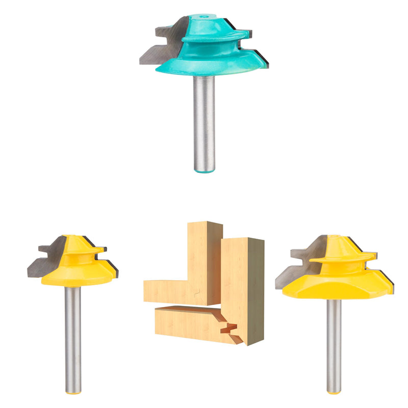 HUHAO 3PCS 45 Degree Lock Miter Router Bit Set 1/4 Inch Shank for 21/32",9/16",15/16" Cutting Height Joint Router Bits for Creating Lock Miter Joint