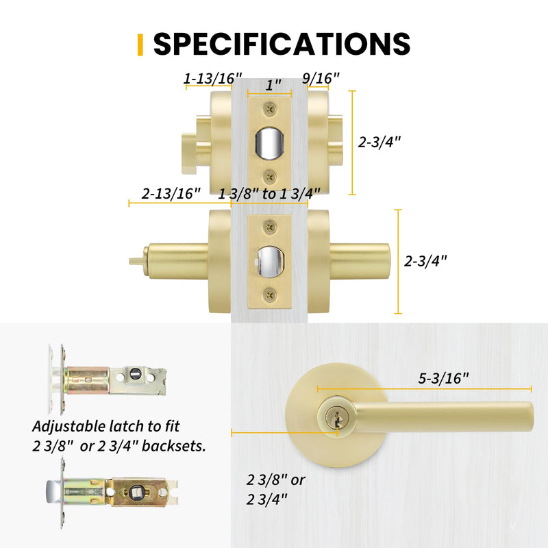 goldenwarm Exterior Deadbolt and Keyed Entry Door Handle Set, Heavy Duty Zinc Alloy Gold Door Lever, Key Entry Front Brushed Gold Door Handle with Lock and Key(1 Pack) 1 Pack Handleset