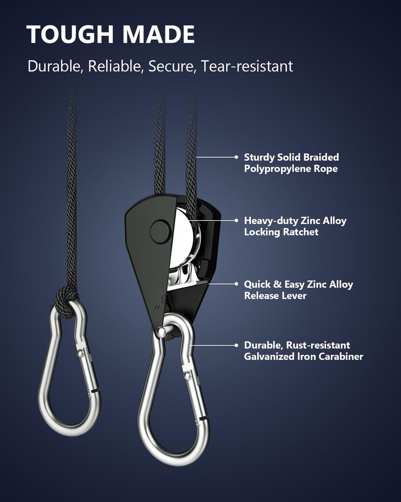 VIPARSPECTRA Retractable Heavy Duty Ratchet Tie Down Straps [4 Pack, 8ft, 75lbs/Pack], Rope Pulley System with Carabiner Hook for Hanging Plants/Grow Light/Tents Various Tie-Down Uses 1/8" 4-Pack