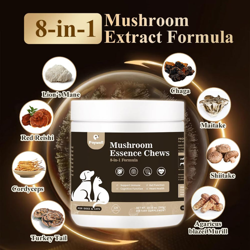 Mushroom Essence Chews Supplement for Dogs & Cats, 8-in-1 Formula for Immune, Cognitive and Heart Function, 120ct/300g